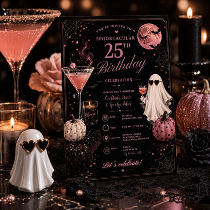Halloween 25th Birthday Invitation, Pink Cocktail Party Invite, Spooky Adult Birthday, Editable Canva Template, Instant Download