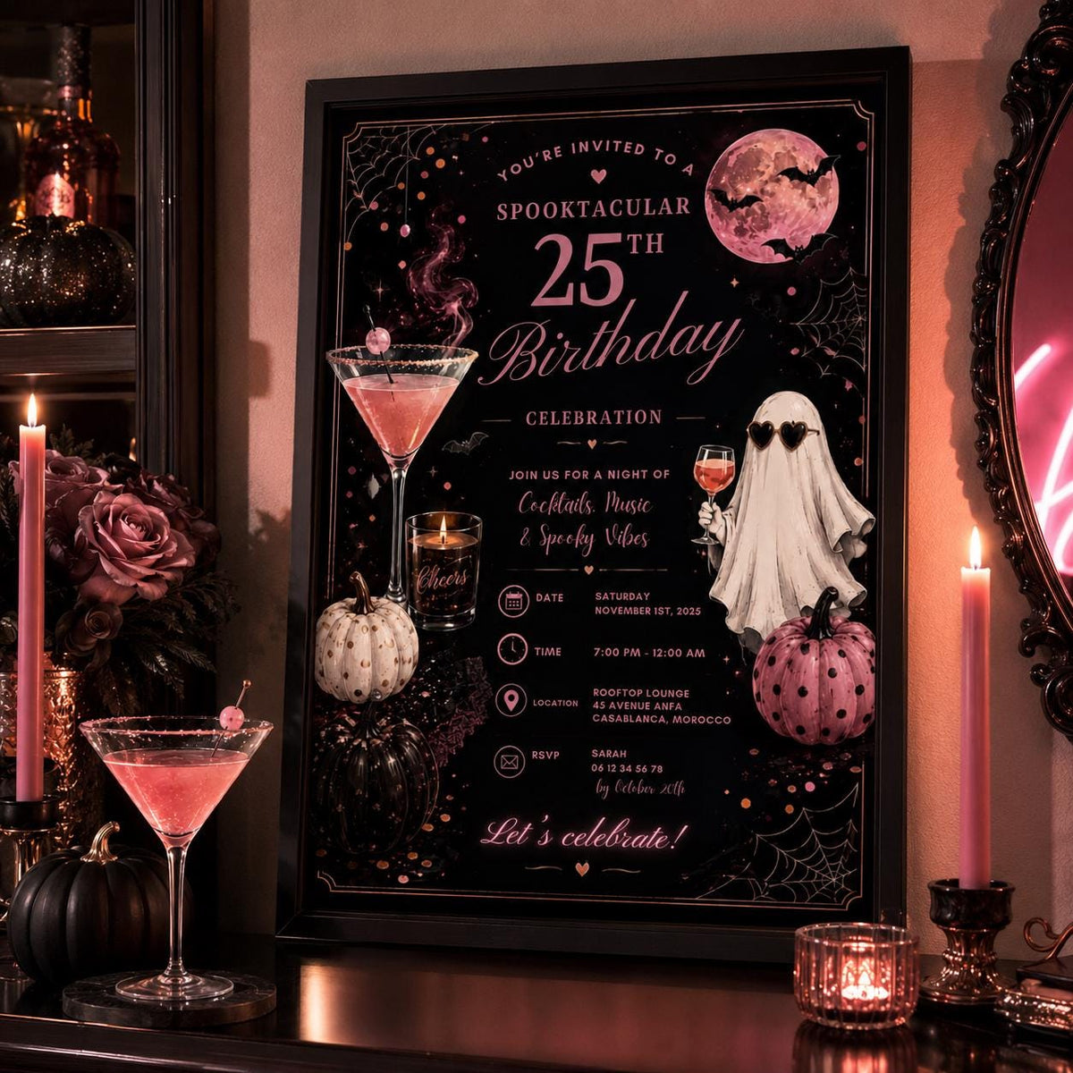 Halloween 25th Birthday Invitation, Pink Cocktail Party Invite, Spooky Adult Birthday, Editable Canva Template, Instant Download