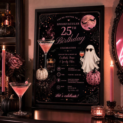 Halloween 25th Birthday Invitation, Pink Cocktail Party Invite, Spooky Adult Birthday, Editable Canva Template, Instant Download
