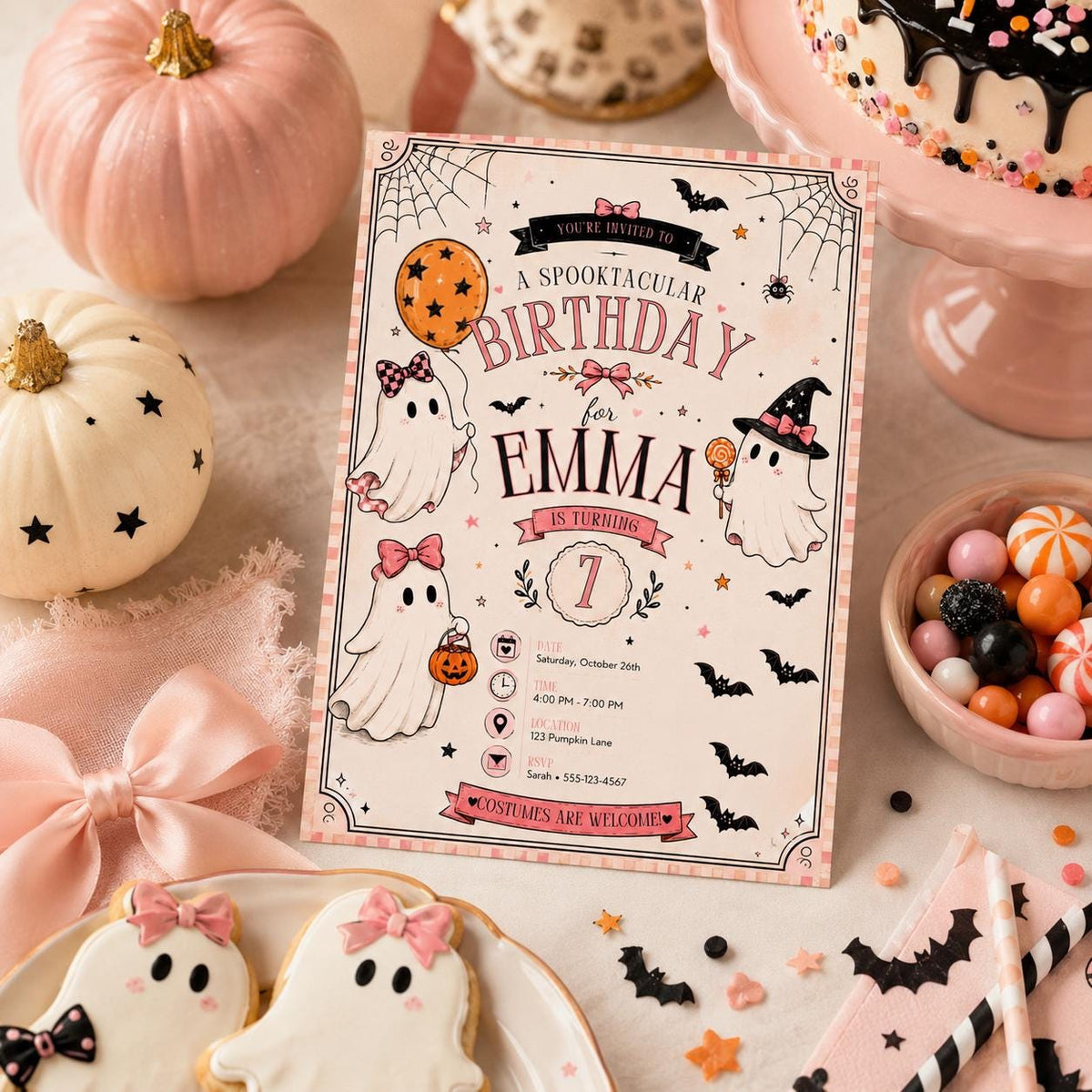 Pink Halloween 7th Birthday Invitation, Cute Ghost Party Invite, Girls Spooky Costume Party, Editable Canva Template, Instant Download