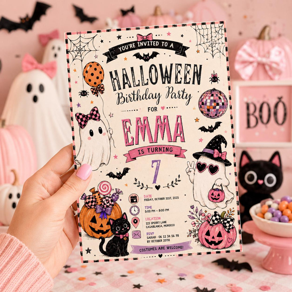 Pink Halloween 7th Birthday Invitation, Cute Ghost Party Invite, Girls Spooky Costume Party, Editable Canva Template, Instant Download