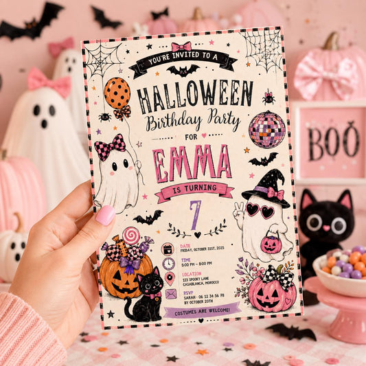 Pink Halloween 7th Birthday Invitation, Cute Ghost Party Invite, Girls Spooky Costume Party, Editable Canva Template, Instant Download