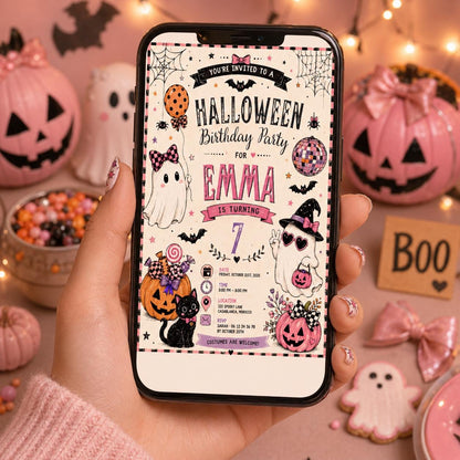 Pink Halloween 7th Birthday Invitation, Cute Ghost Party Invite, Girls Spooky Costume Party, Editable Canva Template, Instant Download