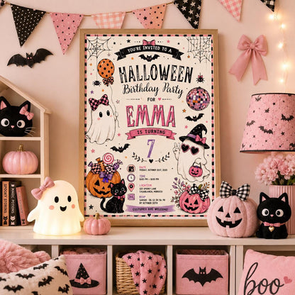 Pink Halloween 7th Birthday Invitation, Cute Ghost Party Invite, Girls Spooky Costume Party, Editable Canva Template, Instant Download