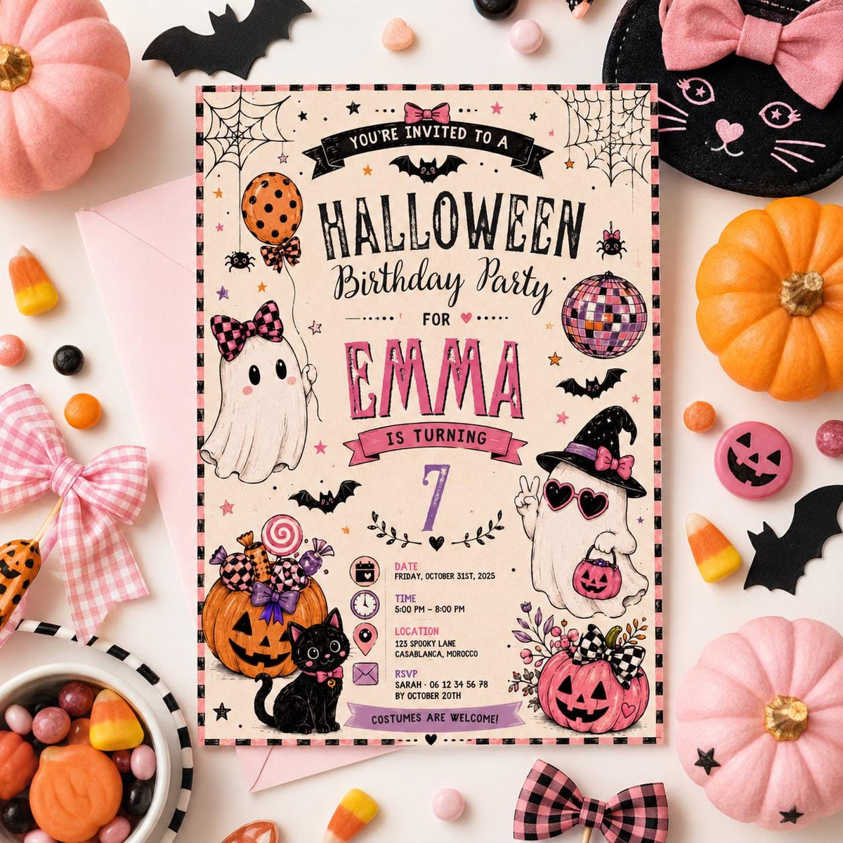 Pink Halloween 7th Birthday Invitation, Cute Ghost Party Invite, Girls Spooky Costume Party, Editable Canva Template, Instant Download