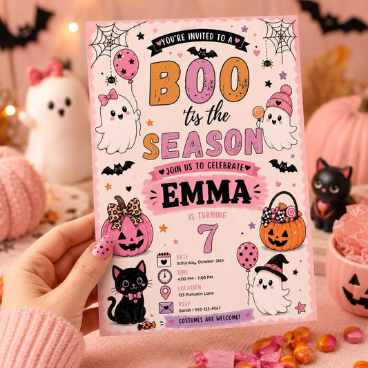 Pink Halloween 7th Birthday Invitation, Cute Ghost Party Invite, Girls Spooky Costume Party, Editable Canva Template, Instant Download
