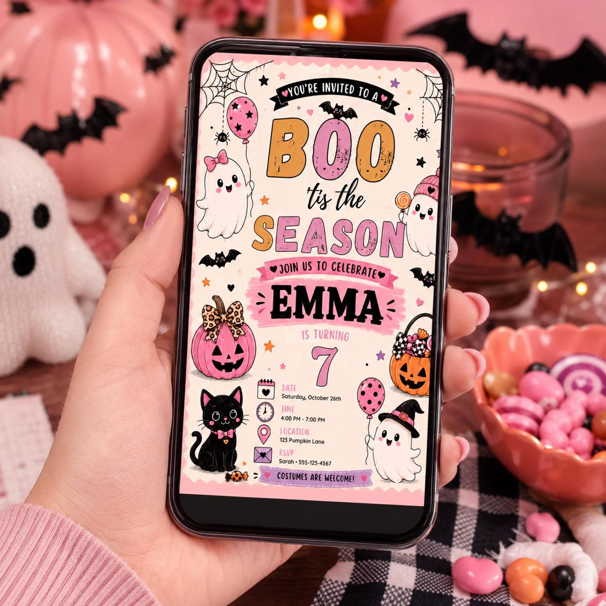 Pink Halloween 7th Birthday Invitation, Cute Ghost Party Invite, Girls Spooky Costume Party, Editable Canva Template, Instant Download