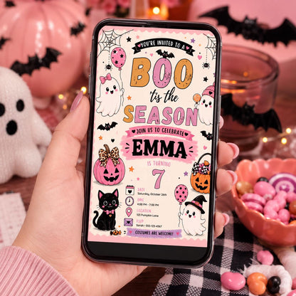 Pink Halloween 7th Birthday Invitation, Cute Ghost Party Invite, Girls Spooky Costume Party, Editable Canva Template, Instant Download