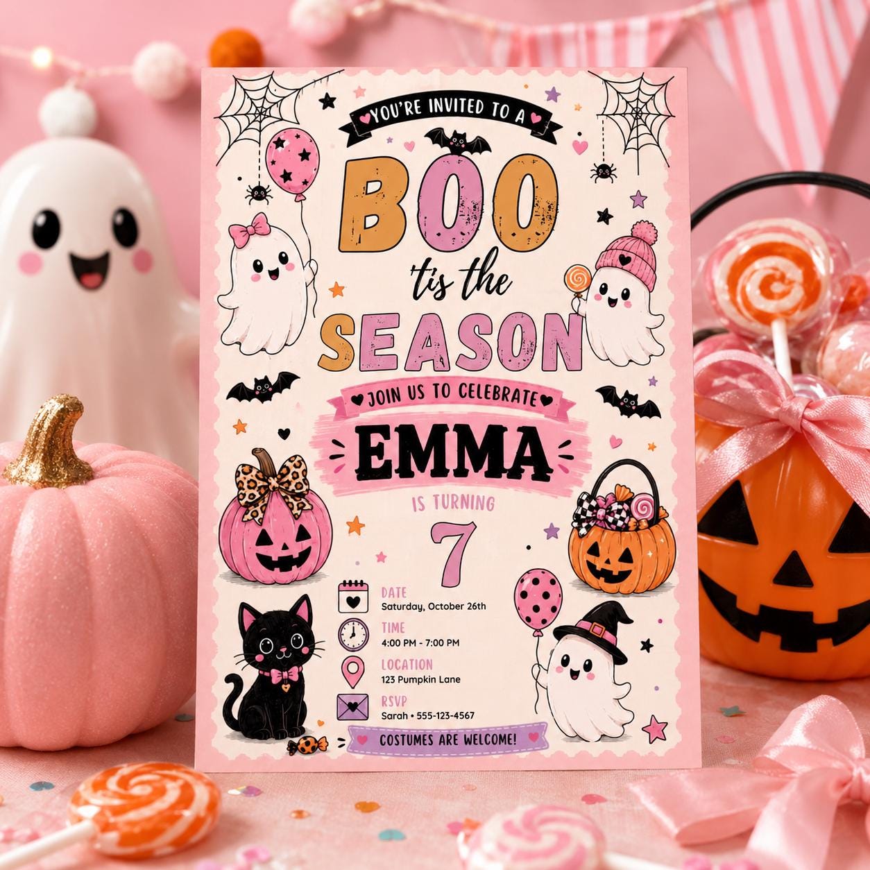 Pink Halloween 7th Birthday Invitation, Cute Ghost Party Invite, Girls Spooky Costume Party, Editable Canva Template, Instant Download