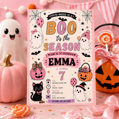 Pink Halloween 7th Birthday Invitation, Cute Ghost Party Invite, Girls Spooky Costume Party, Editable Canva Template, Instant Download