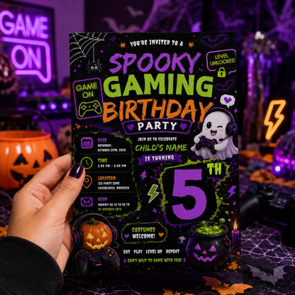 Spooky Gaming 10th Birthday Invitation, Halloween Video Game Party Invite, Neon Gamer Editable Canva Template, Instant Download