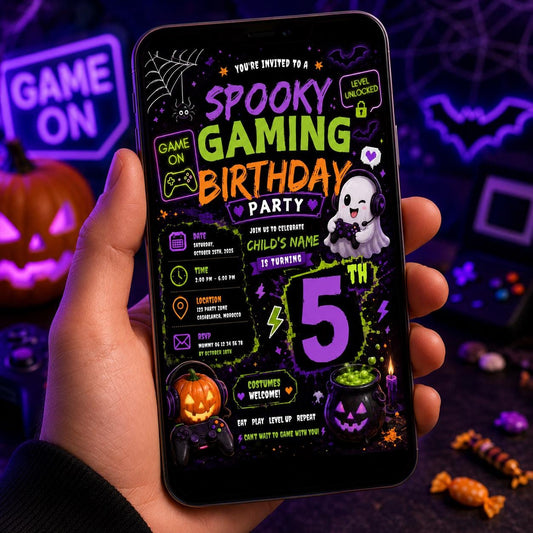 Spooky Gaming 10th Birthday Invitation, Halloween Video Game Party Invite, Neon Gamer Editable Canva Template, Instant Download
