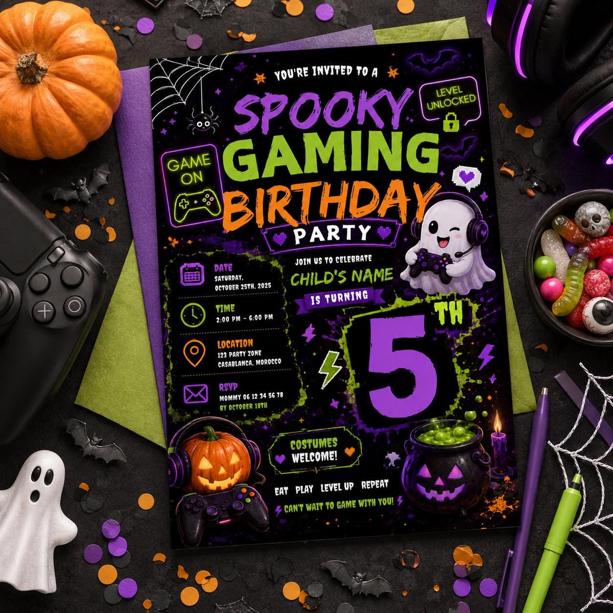 Spooky Gaming 10th Birthday Invitation, Halloween Video Game Party Invite, Neon Gamer Editable Canva Template, Instant Download