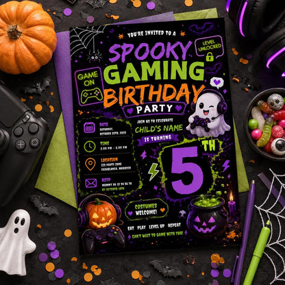 Spooky Gaming 10th Birthday Invitation, Halloween Video Game Party Invite, Neon Gamer Editable Canva Template, Instant Download