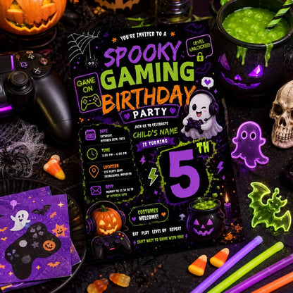 Spooky Gaming 10th Birthday Invitation, Halloween Video Game Party Invite, Neon Gamer Editable Canva Template, Instant Download