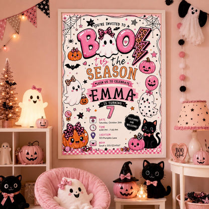 Pink Halloween 7th Birthday Invitation, Cute Boo Ghost Party Invite, Girls Spooky Birthday, Editable Canva Template, Instant Download