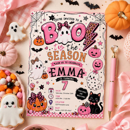 Pink Halloween 7th Birthday Invitation, Cute Boo Ghost Party Invite, Girls Spooky Birthday, Editable Canva Template, Instant Download