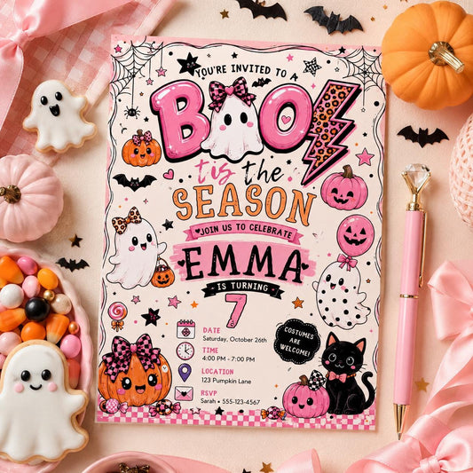 Pink Halloween 7th Birthday Invitation, Cute Boo Ghost Party Invite, Girls Spooky Birthday, Editable Canva Template, Instant Download
