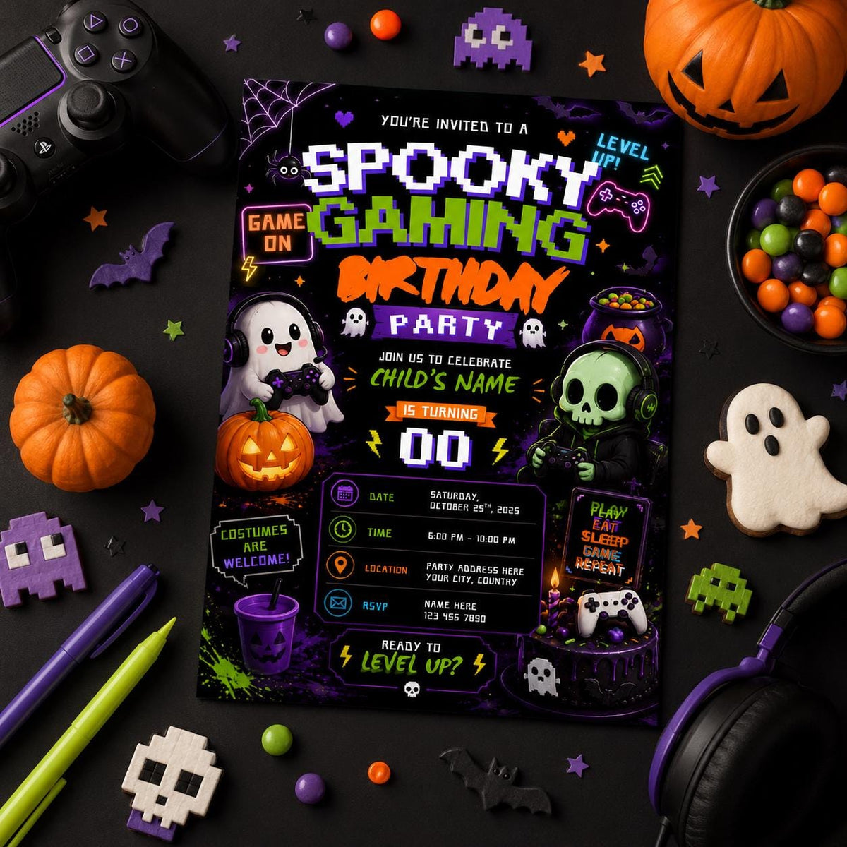 Spooky Gaming 10th Birthday Invitation, Halloween Video Game Party Invite, Neon Gamer Editable Canva Template, Instant Download