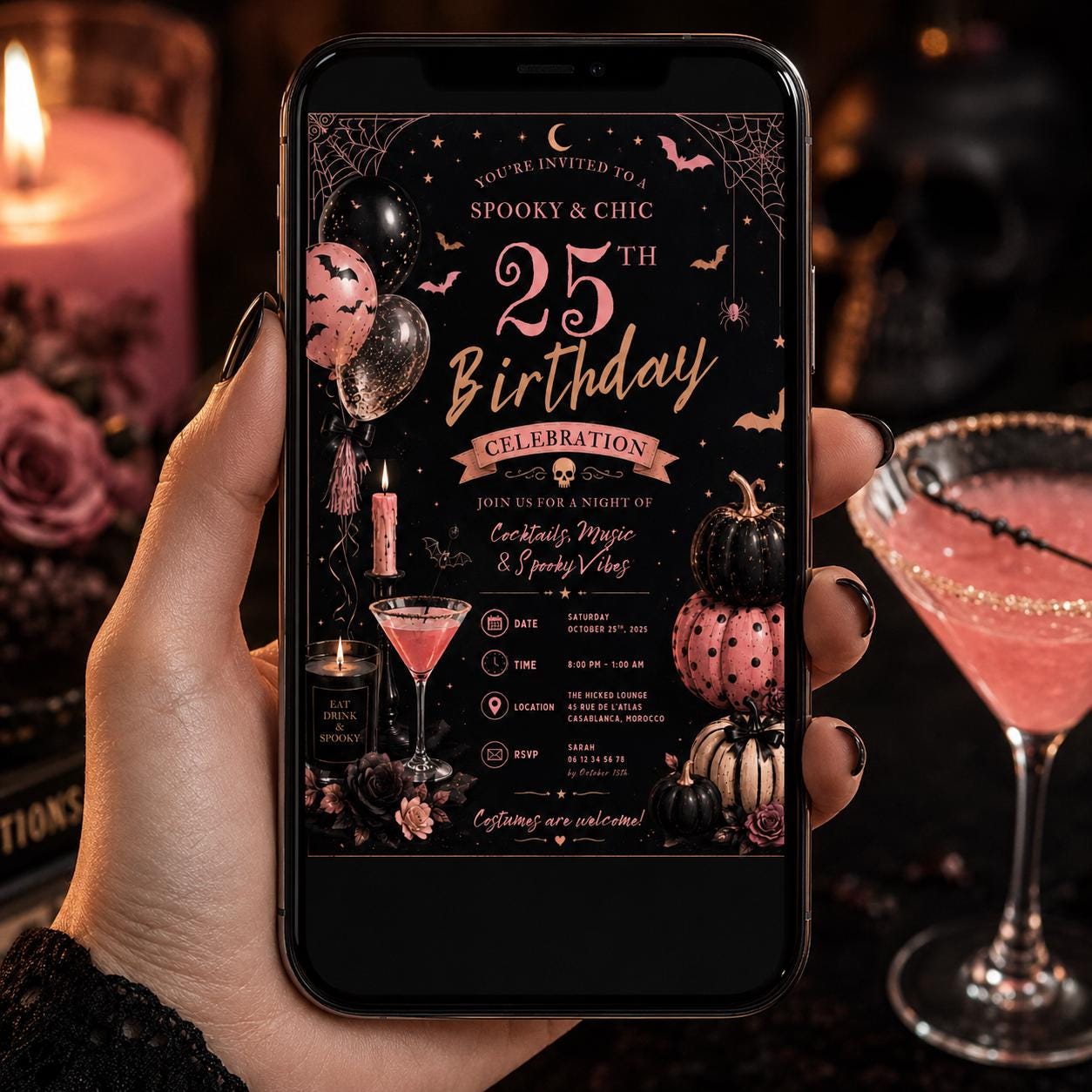 Halloween 25th Birthday Invitation, Pink Cocktail Party Invite, Spooky Adult Birthday, Editable Canva Template, Instant Download