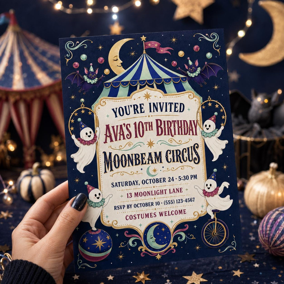 Moonbeam Circus Birthday Invitation, Spooky Halloween Party Invite, Cute Ghost Birthday, Editable Canva Template, Instant Download