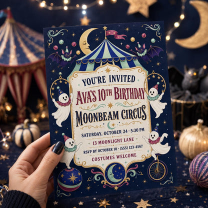 Moonbeam Circus Birthday Invitation, Spooky Halloween Party Invite, Cute Ghost Birthday, Editable Canva Template, Instant Download