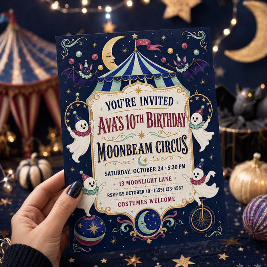 Moonbeam Circus Birthday Invitation, Spooky Halloween Party Invite, Cute Ghost Birthday, Editable Canva Template, Instant Download