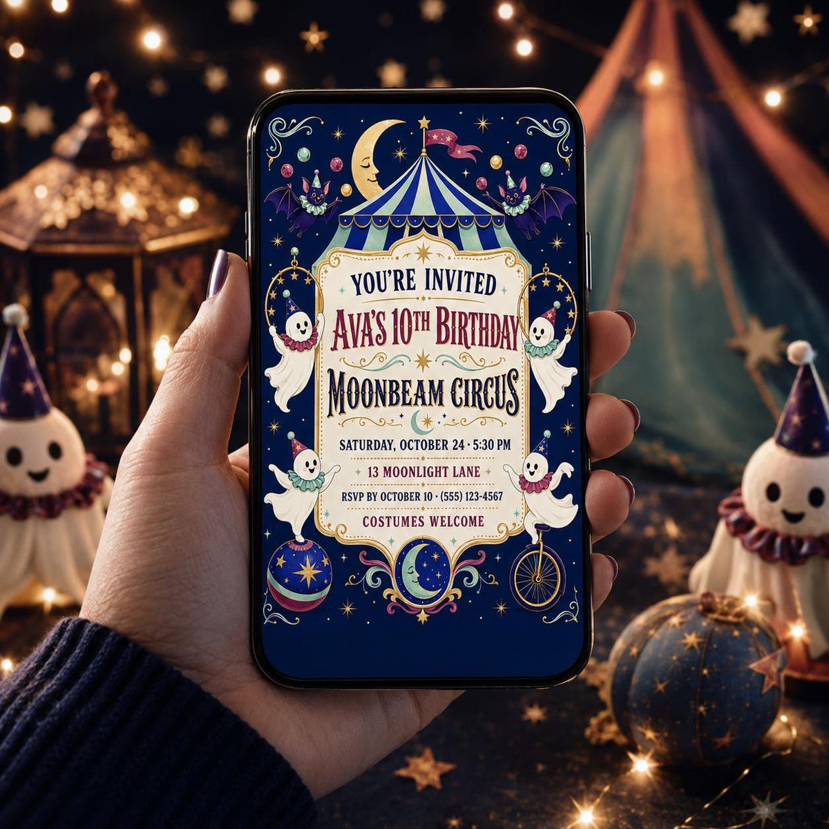 Moonbeam Circus Birthday Invitation, Spooky Halloween Party Invite, Cute Ghost Birthday, Editable Canva Template, Instant Download