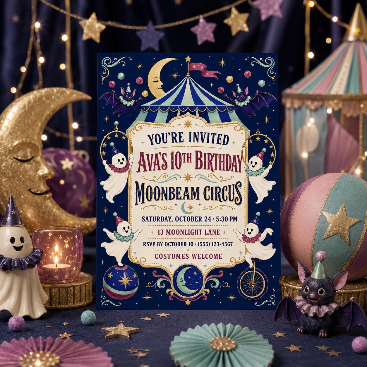 Moonbeam Circus Birthday Invitation, Spooky Halloween Party Invite, Cute Ghost Birthday, Editable Canva Template, Instant Download