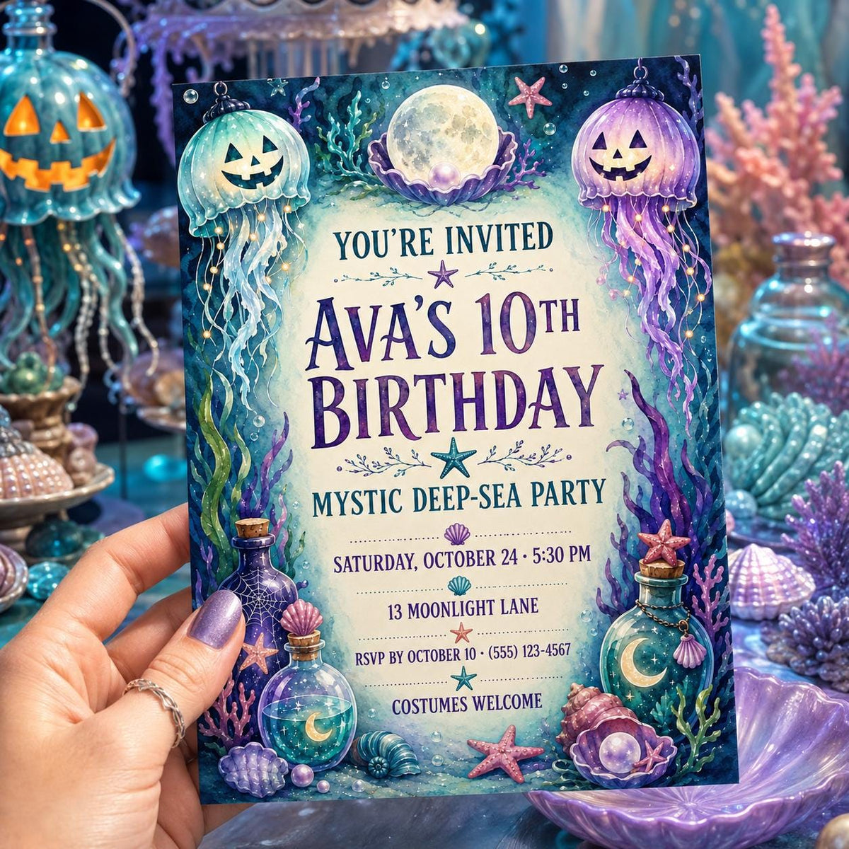Mystic Deep Sea Birthday Invitation, Underwater Halloween Party Invite, Jellyfish Mermaid Birthday, Editable Canva Template