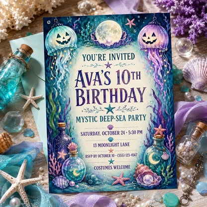 Mystic Deep Sea Birthday Invitation, Underwater Halloween Party Invite, Jellyfish Mermaid Birthday, Editable Canva Template
