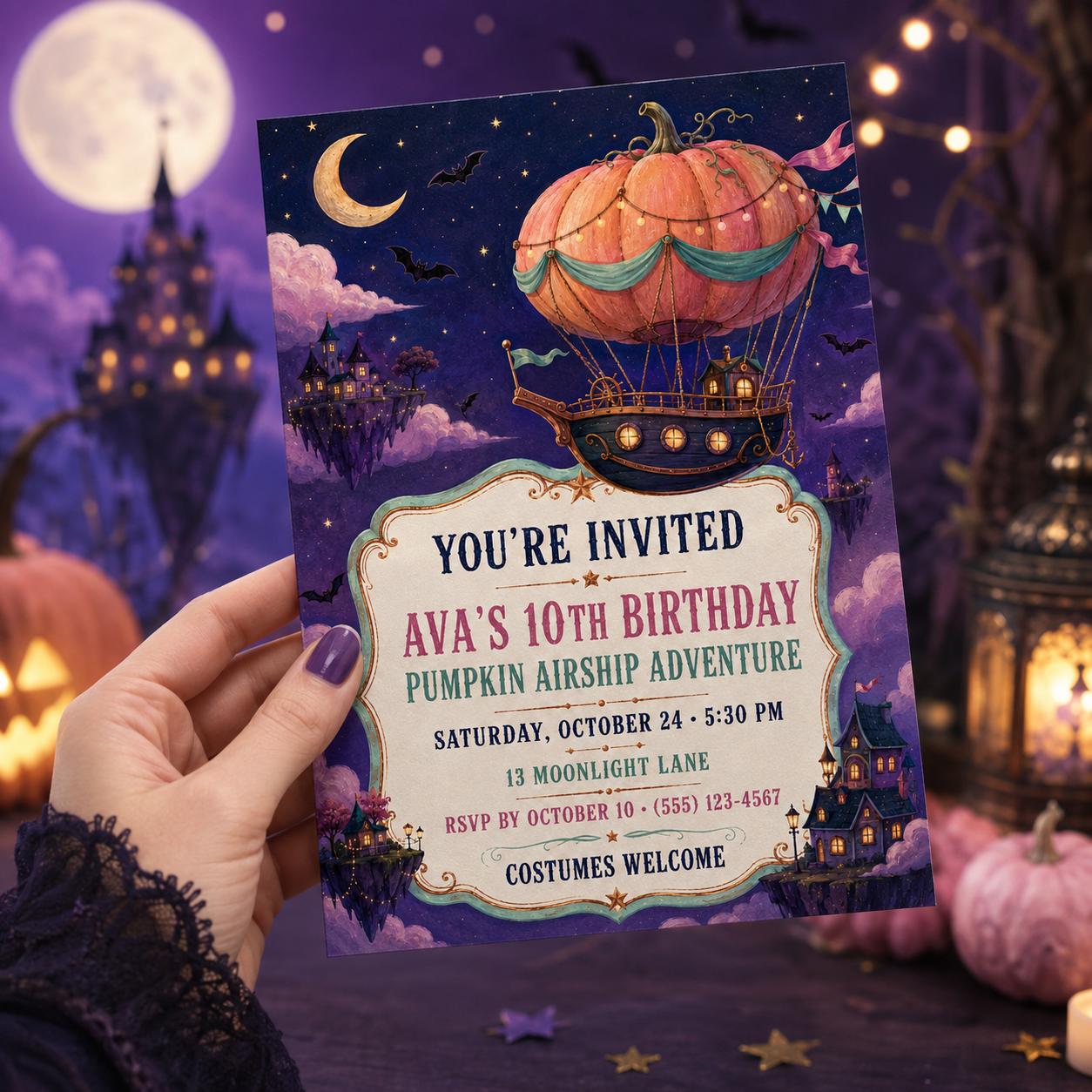 Pumpkin Airship Birthday Invitation, Whimsical Halloween Party Invite, Magical Adventure Birthday, Editable Canva Template