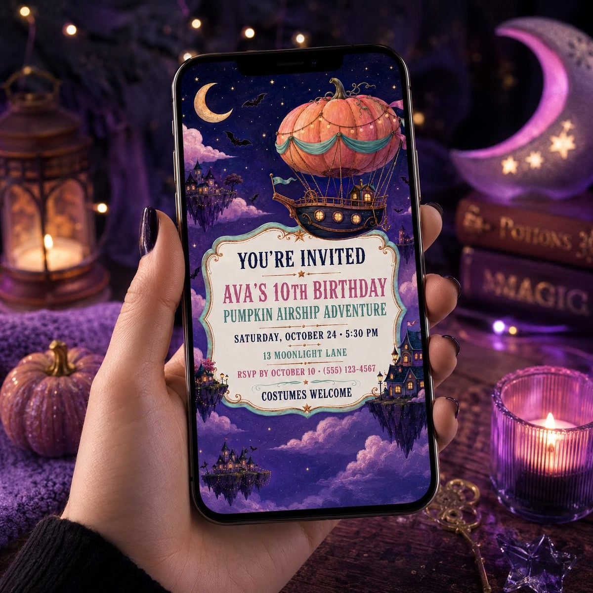 Pumpkin Airship Birthday Invitation, Whimsical Halloween Party Invite, Magical Adventure Birthday, Editable Canva Template