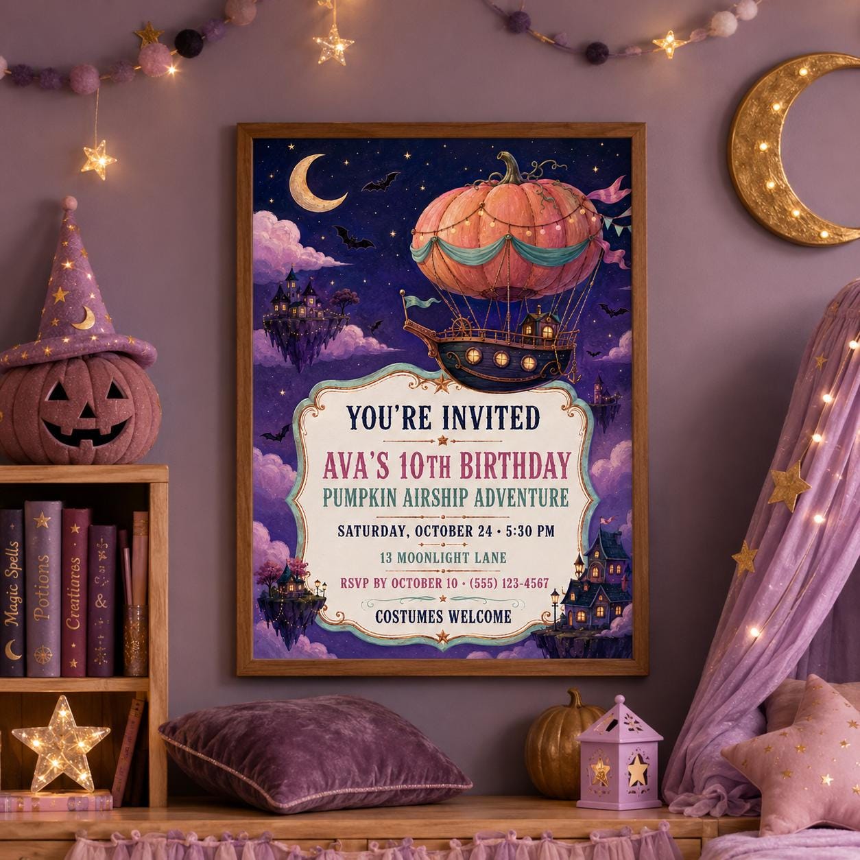 Pumpkin Airship Birthday Invitation, Whimsical Halloween Party Invite, Magical Adventure Birthday, Editable Canva Template