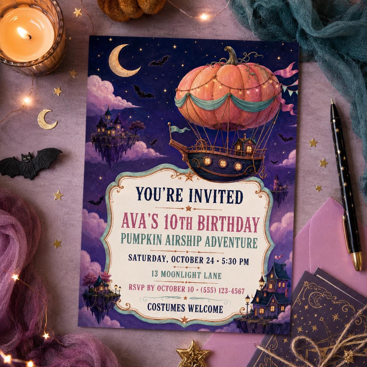 Pumpkin Airship Birthday Invitation, Whimsical Halloween Party Invite, Magical Adventure Birthday, Editable Canva Template