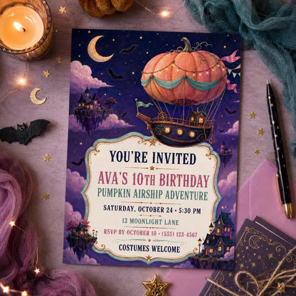 Pumpkin Airship Birthday Invitation, Whimsical Halloween Party Invite, Magical Adventure Birthday, Editable Canva Template