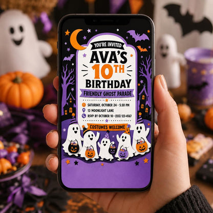 Friendly Ghost Parade Birthday Invitation, Cute Halloween Party Invite for Kids, Editable Canva Template, Instant Download