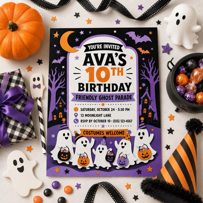 Friendly Ghost Parade Birthday Invitation, Cute Halloween Party Invite for Kids, Editable Canva Template, Instant Download