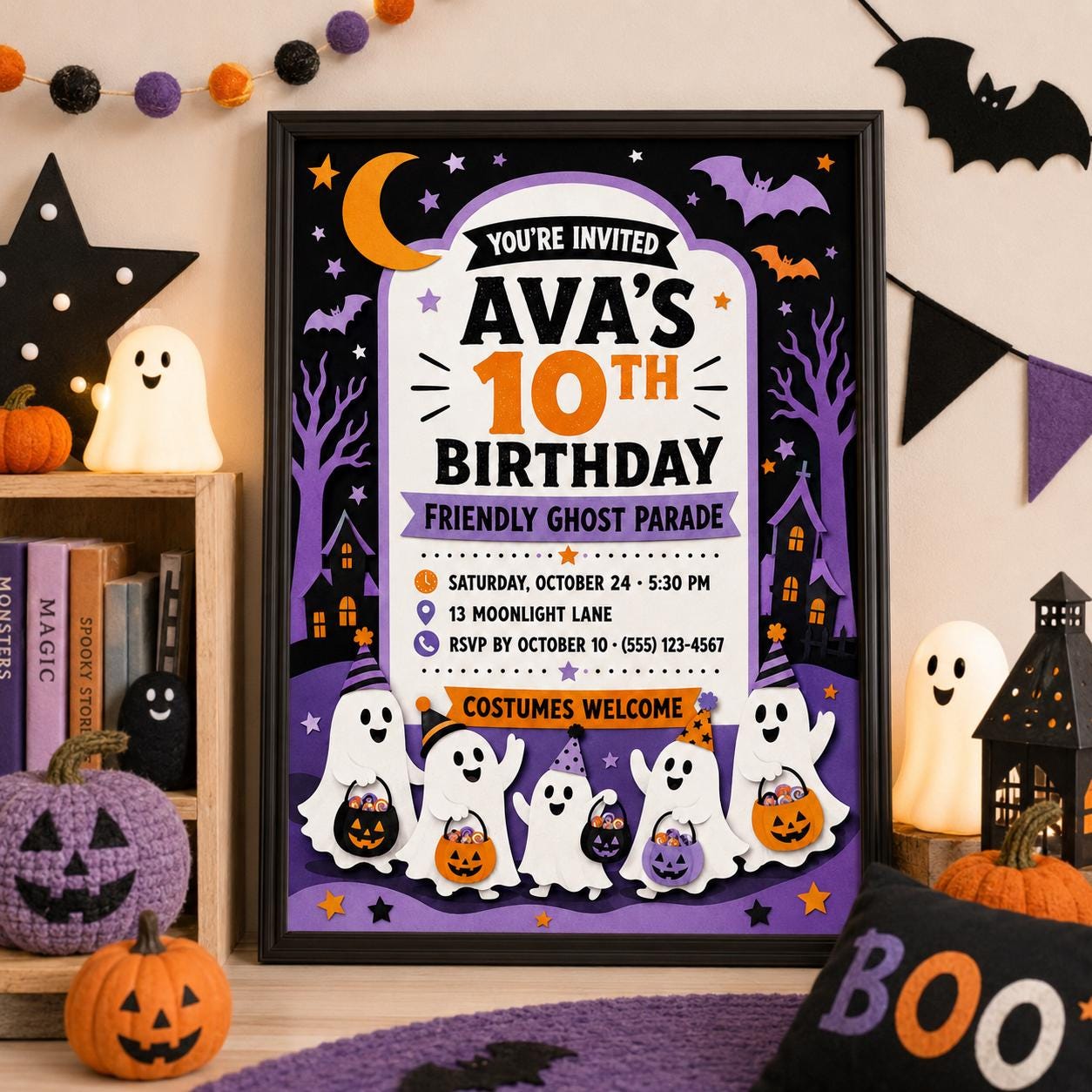 Friendly Ghost Parade Birthday Invitation, Cute Halloween Party Invite for Kids, Editable Canva Template, Instant Download