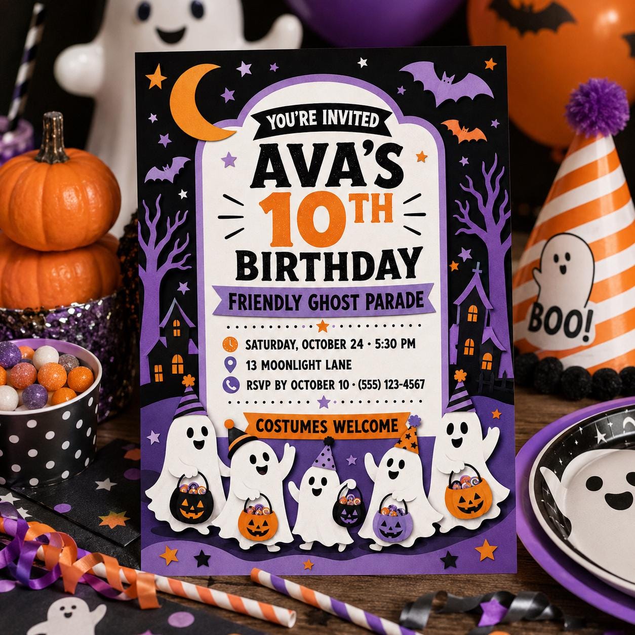 Friendly Ghost Parade Birthday Invitation, Cute Halloween Party Invite for Kids, Editable Canva Template, Instant Download