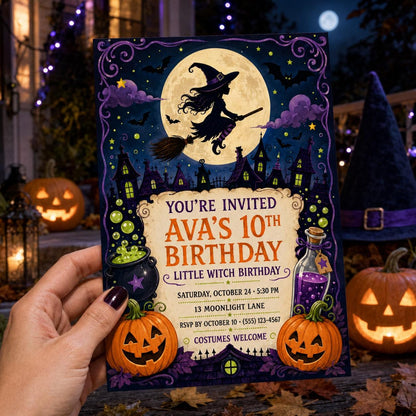 Little Witch Birthday Invitation, Cute Halloween Party Invite for Girls, Spooky Witch Birthday, Editable Canva Template
