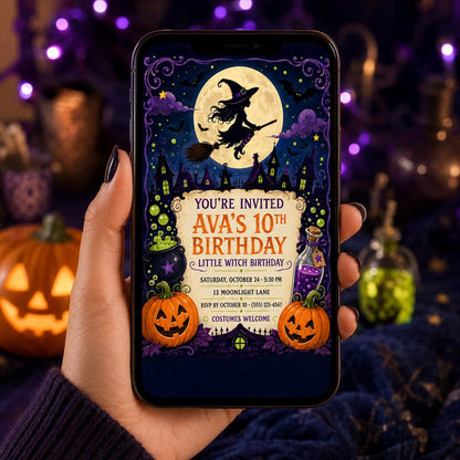 Little Witch Birthday Invitation, Cute Halloween Party Invite for Girls, Spooky Witch Birthday, Editable Canva Template