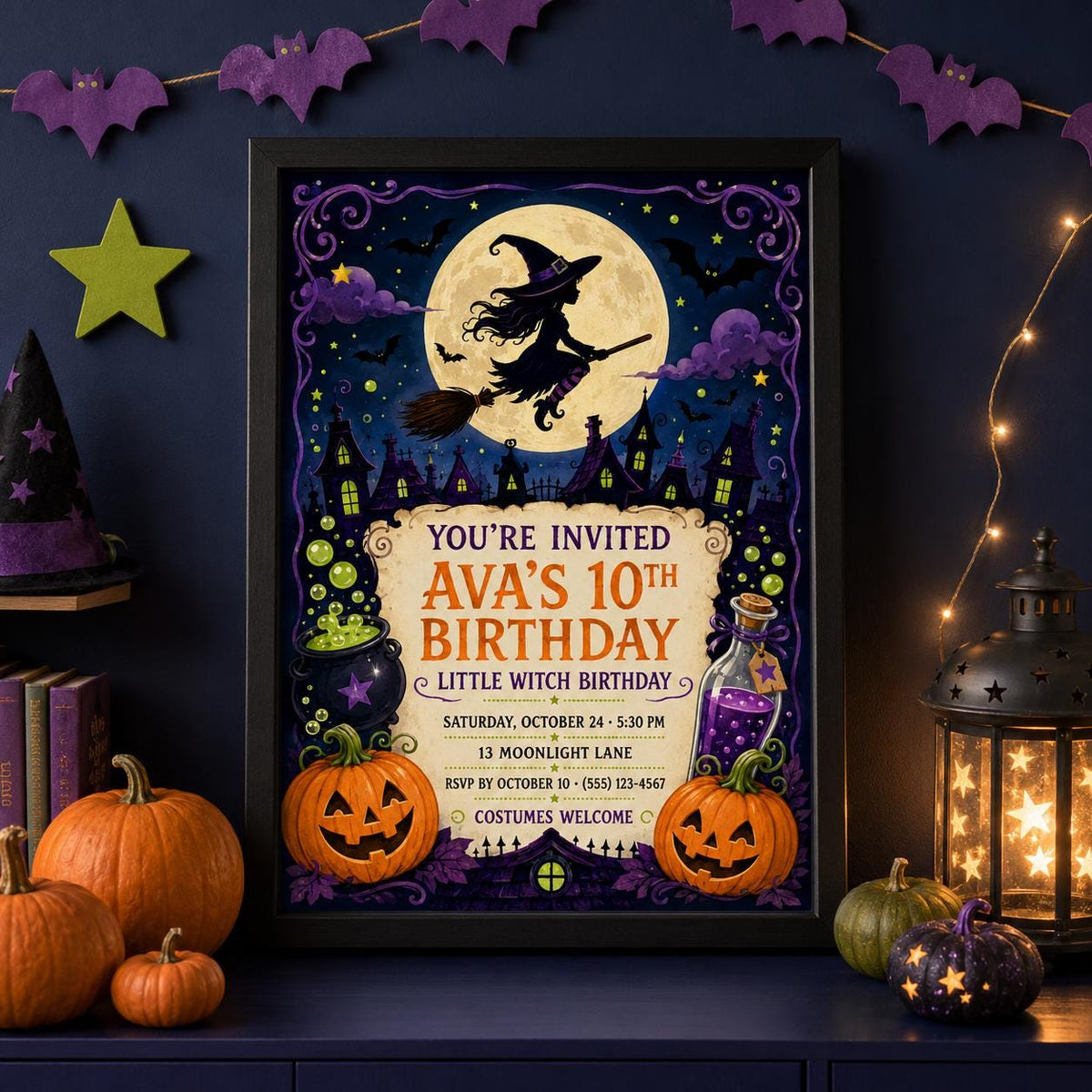 Little Witch Birthday Invitation, Cute Halloween Party Invite for Girls, Spooky Witch Birthday, Editable Canva Template