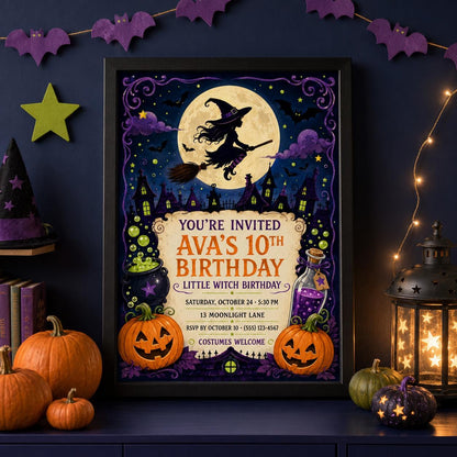 Little Witch Birthday Invitation, Cute Halloween Party Invite for Girls, Spooky Witch Birthday, Editable Canva Template