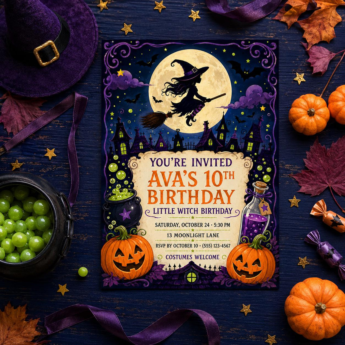 Little Witch Birthday Invitation, Cute Halloween Party Invite for Girls, Spooky Witch Birthday, Editable Canva Template