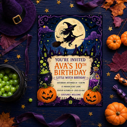 Little Witch Birthday Invitation, Cute Halloween Party Invite for Girls, Spooky Witch Birthday, Editable Canva Template