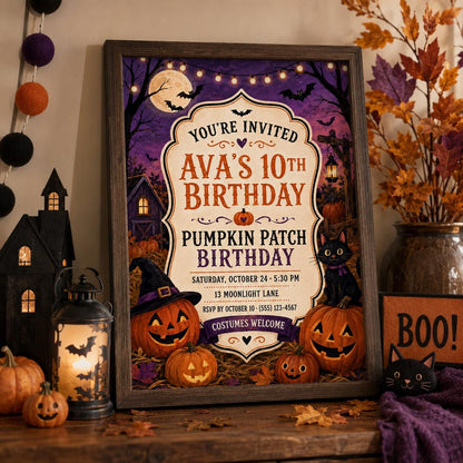 Pumpkin Patch Birthday Invitation, Cute Halloween Party Invite, Black Cat Pumpkin Birthday, Editable Canva Template