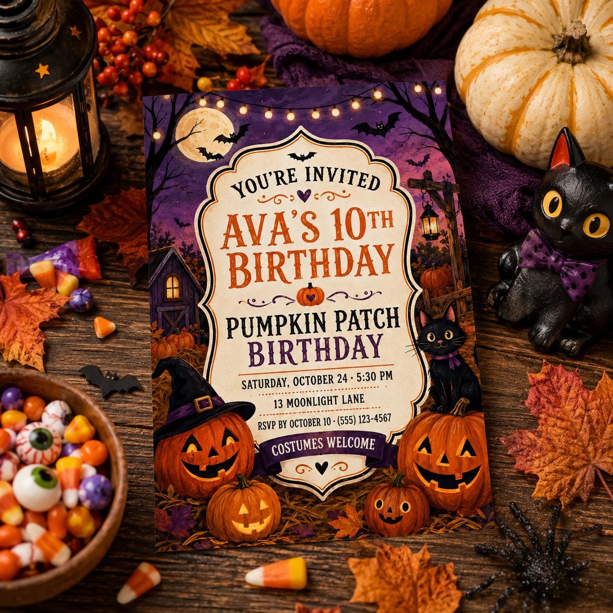 Pumpkin Patch Birthday Invitation, Cute Halloween Party Invite, Black Cat Pumpkin Birthday, Editable Canva Template