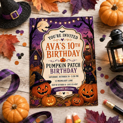 Pumpkin Patch Birthday Invitation, Cute Halloween Party Invite, Black Cat Pumpkin Birthday, Editable Canva Template