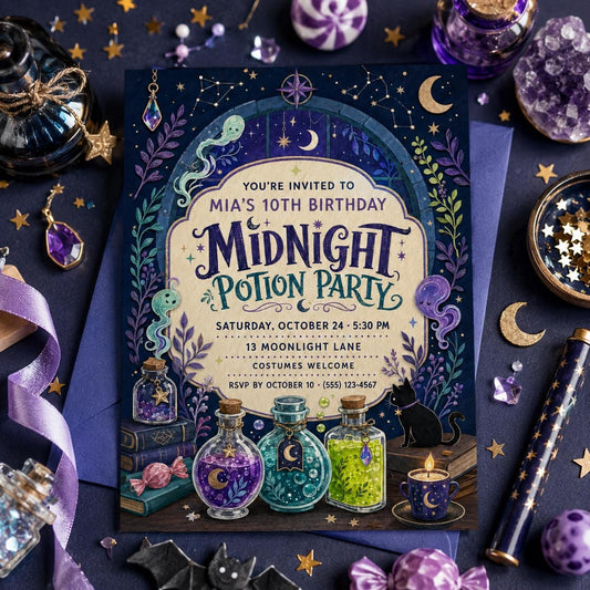 Midnight Potion Party Birthday Invitation, Witchy Halloween Birthday Invite, Magical Potion Party, Editable Canva Template